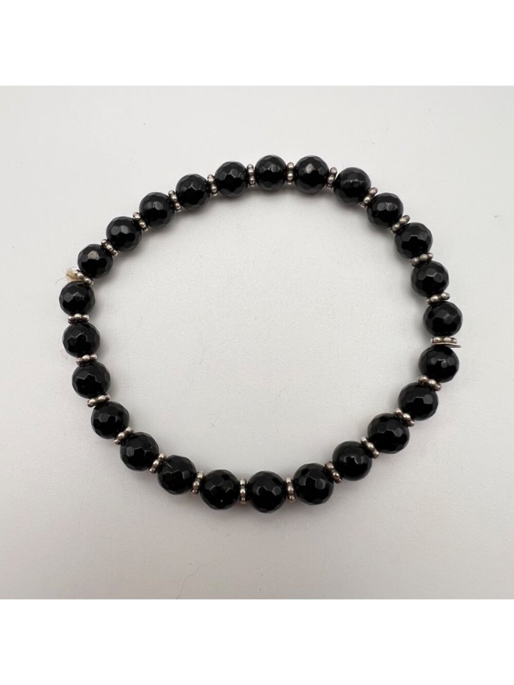 Faceted Black Onyx Bead Sterling Silver Stretch Bracelet YS 925 India 6mm 7.25"